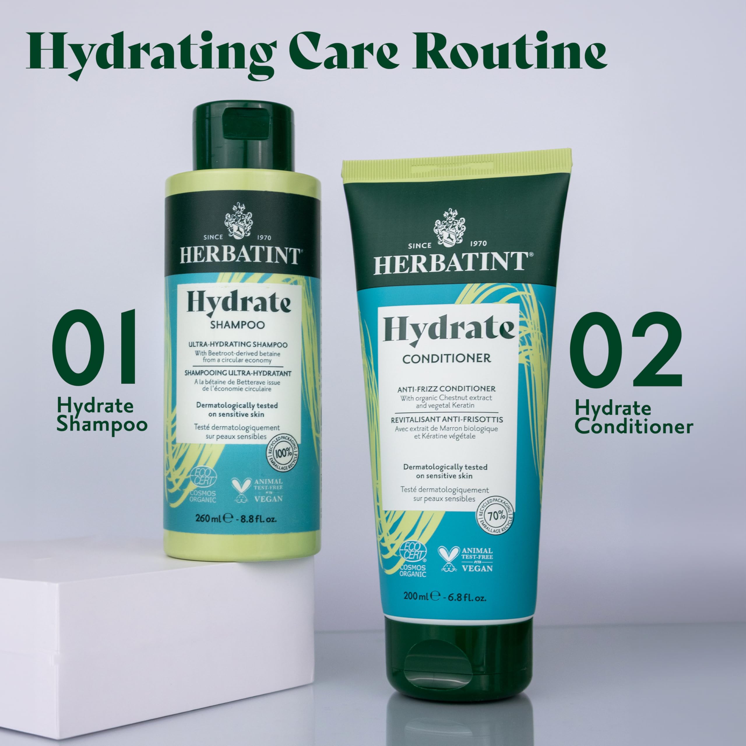 Herbatint Hydrate Shampoo results show soft, shiny hair after use.
