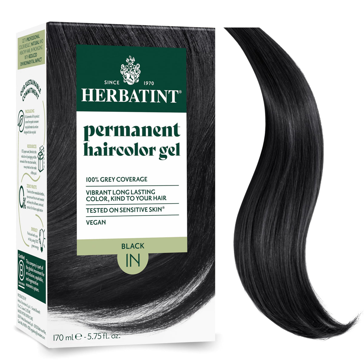 Herbatint permanent hair dye 1N black bottle closeup showing potential for even gray coverage.
