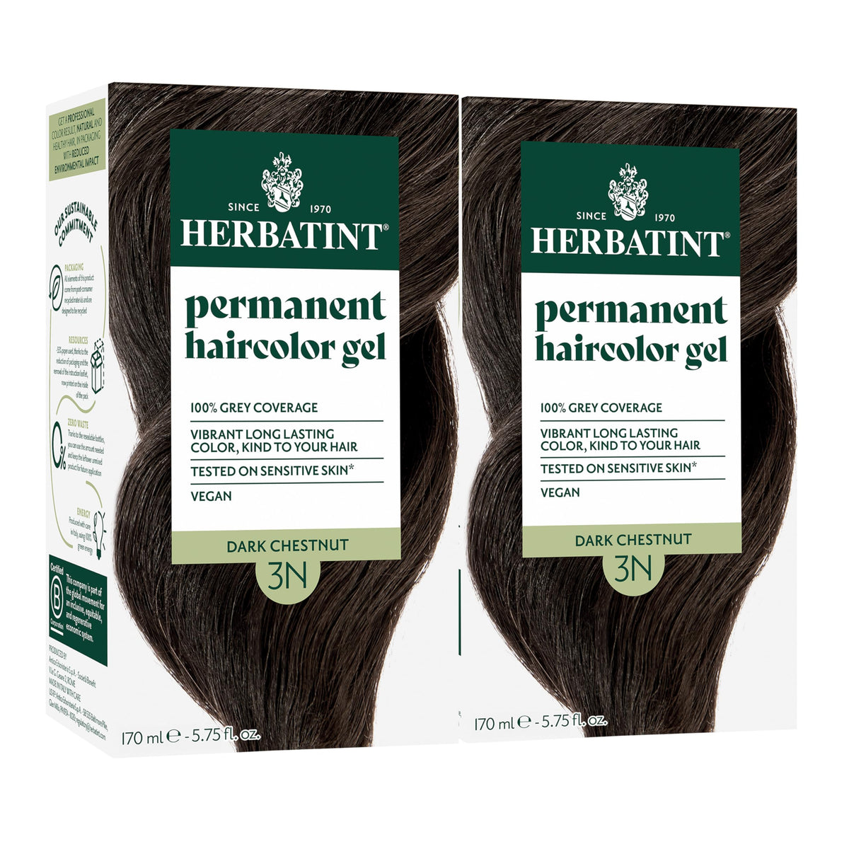 Herbatint permanent hair dye 3N dark chestnut packshot showing long-lasting gray coverage and natural-looking tone
