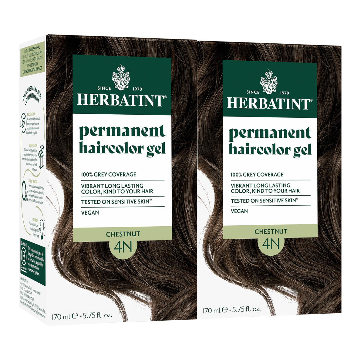Herbatint 4N Chestnut bottle highlights ammonia-free formula for even gray coverage.