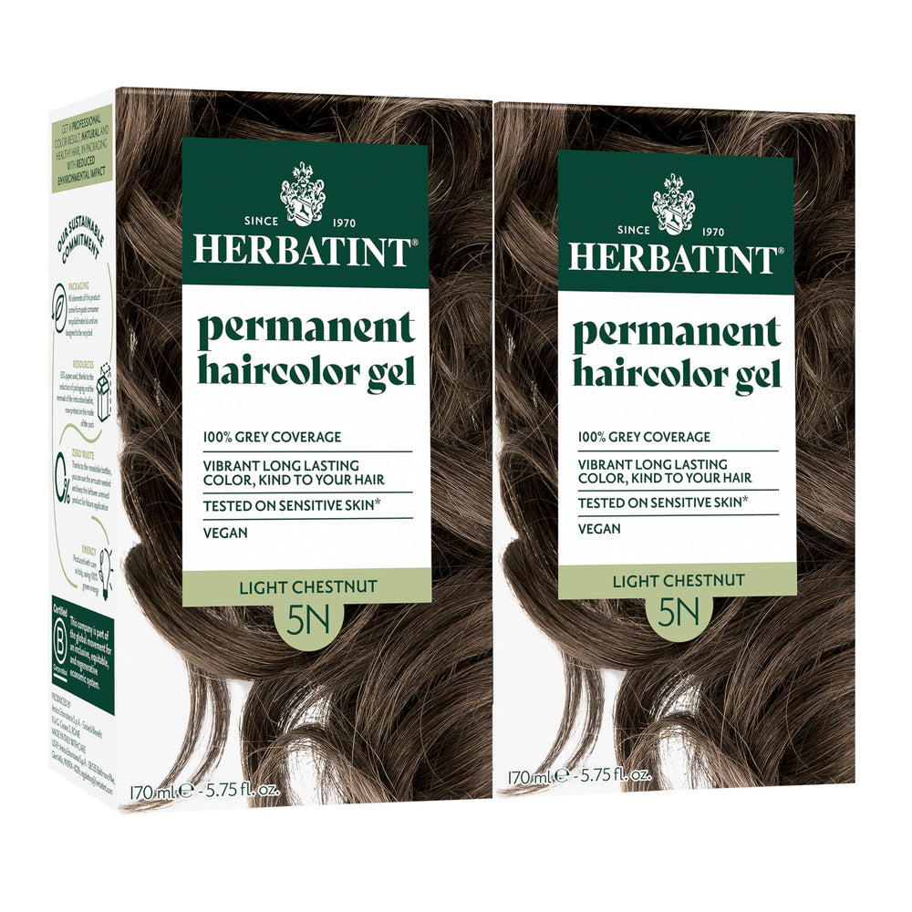 Herbatint permanent hair dye 5N light chestnut bottle application shows natural gray coverage
