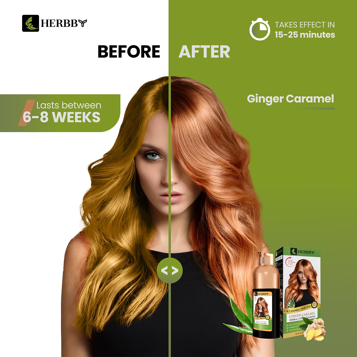 HERBBY ginger caramel color shampoo applied to hair for natural color and shine