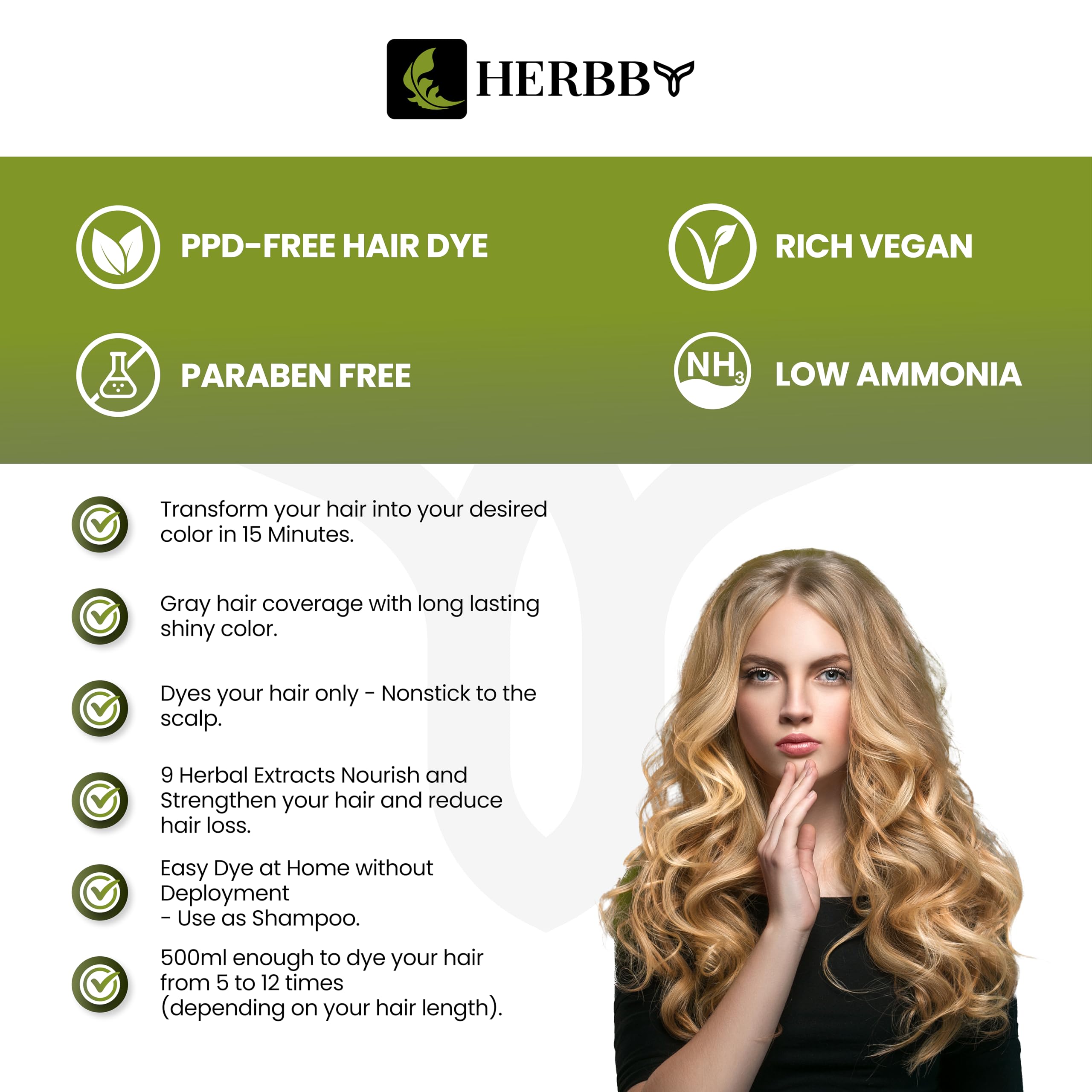 HERBBY shampoo on glossy hair for frizz-free, smooth finish