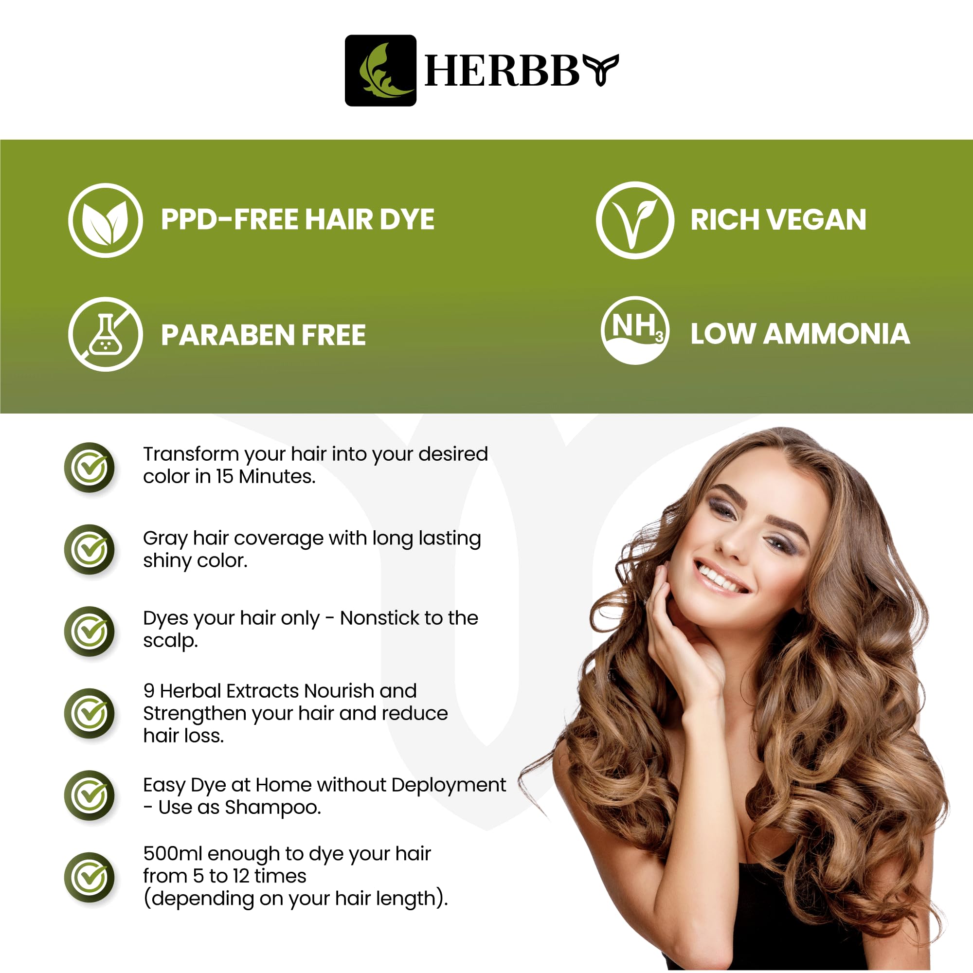 HERBBY graphic of 9 herbal extracts for scalp nourishment.