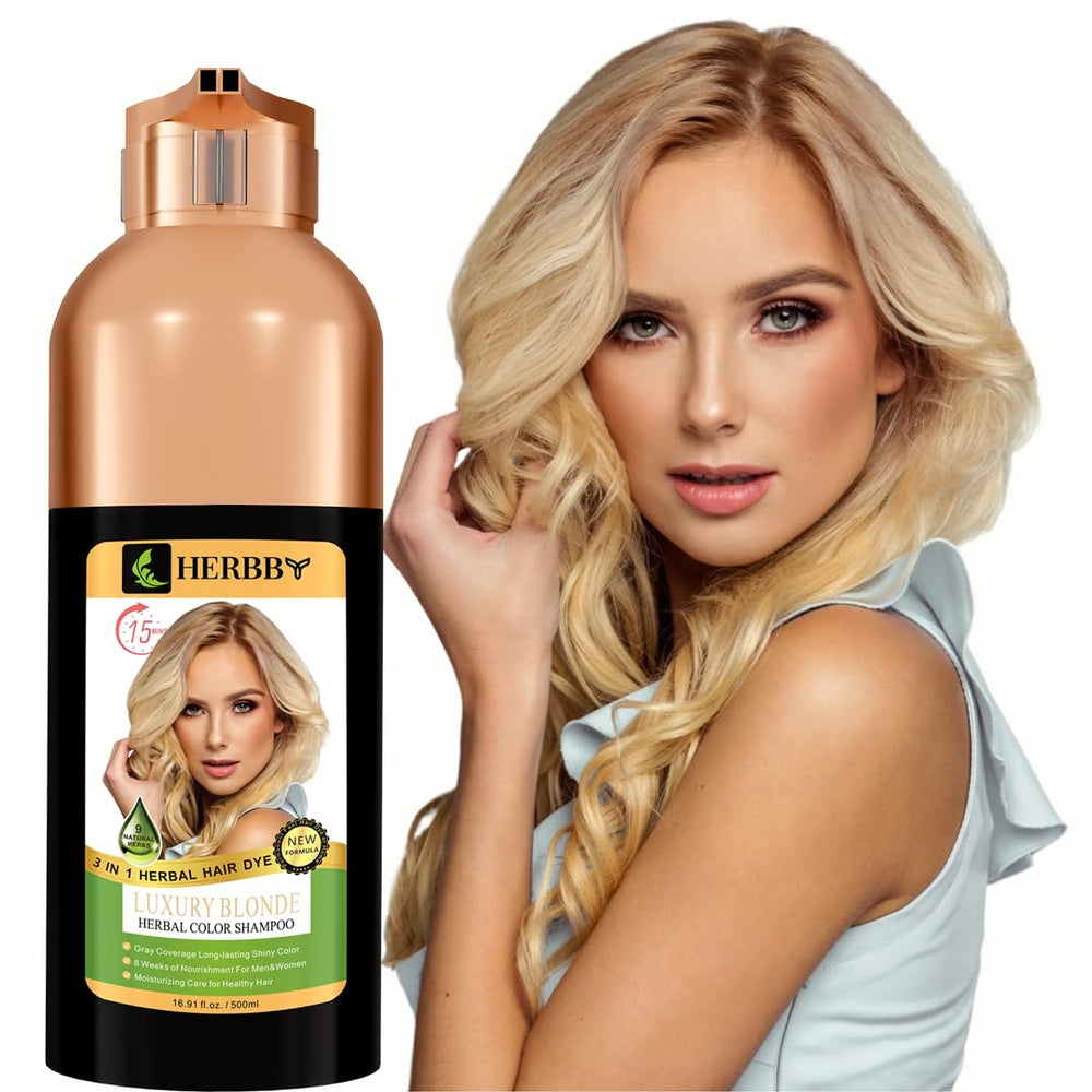 HERBBY gray hair coverage shampoo bottle pouring for even transformation