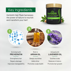 Herbishh Argan Hair Mask 800ml application-steps demonstrates easy at-home treatment.
