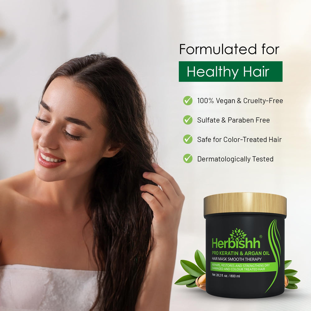 Herbishh Argan Hair Mask 800ml frizz-control focus reveals smoother, hydrated strands.