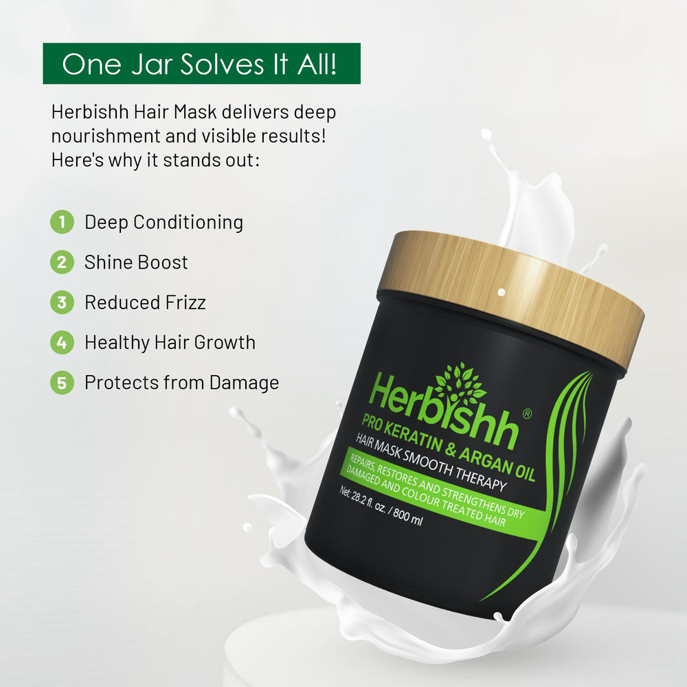 Herbishh Argan Hair Mask 800ml ingredients-scene highlighting natural argan oil and keratin.