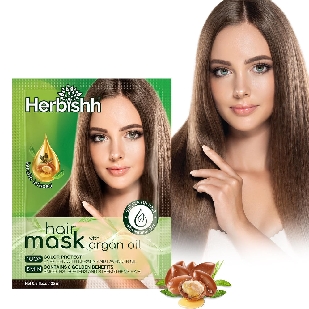 Herbishh Argan Hair Mask packaging shows a travel-friendly 25g jar for on-the-go care.