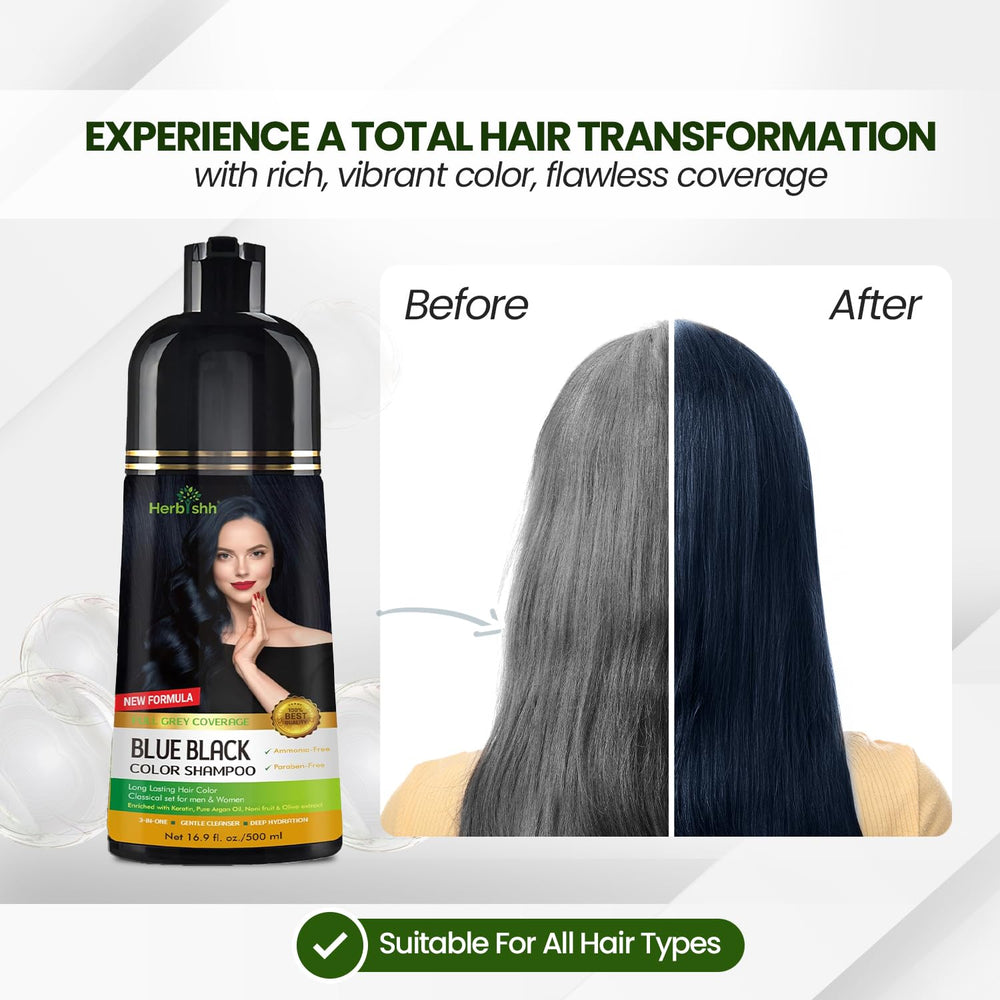 Herbishh blue-black shampoo used at home with no fumes for comfortable coloring.