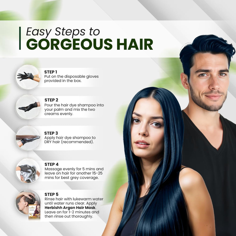 Herbishh blue-black shampoo packaging highlights 500 ml bottle and 3-in-1 benefits.