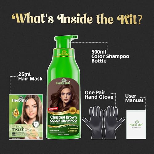Herbishh Chestnut Brown hair color shampoo application showing easy 5-10 minute usage.