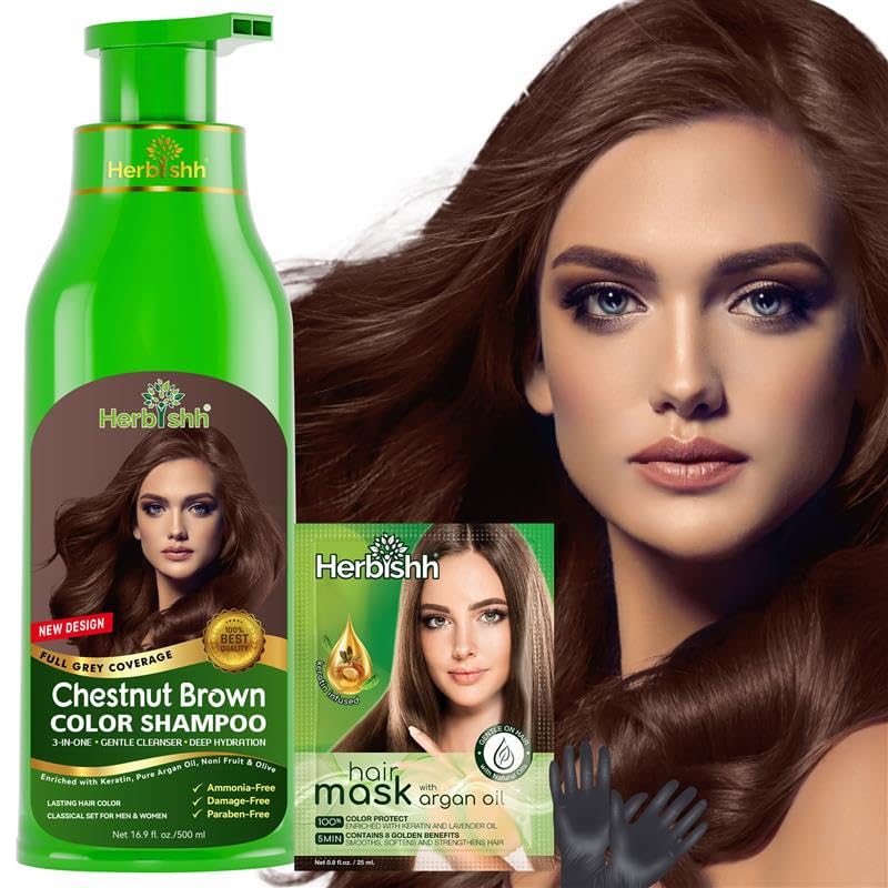 Herbishh Chestnut Brown hair color shampoo bottle for quick at-home color.