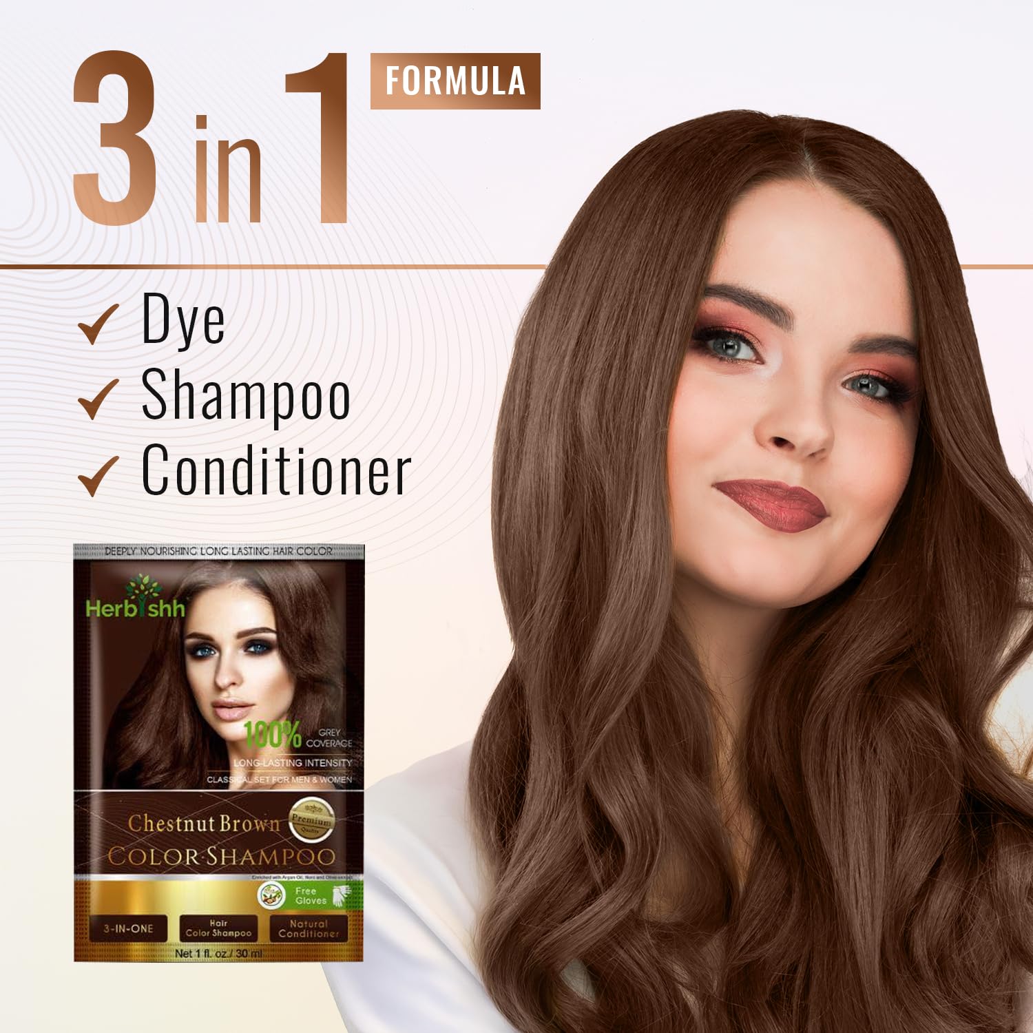 Herbishh chestnut brown shade swatches for natural-looking color.
