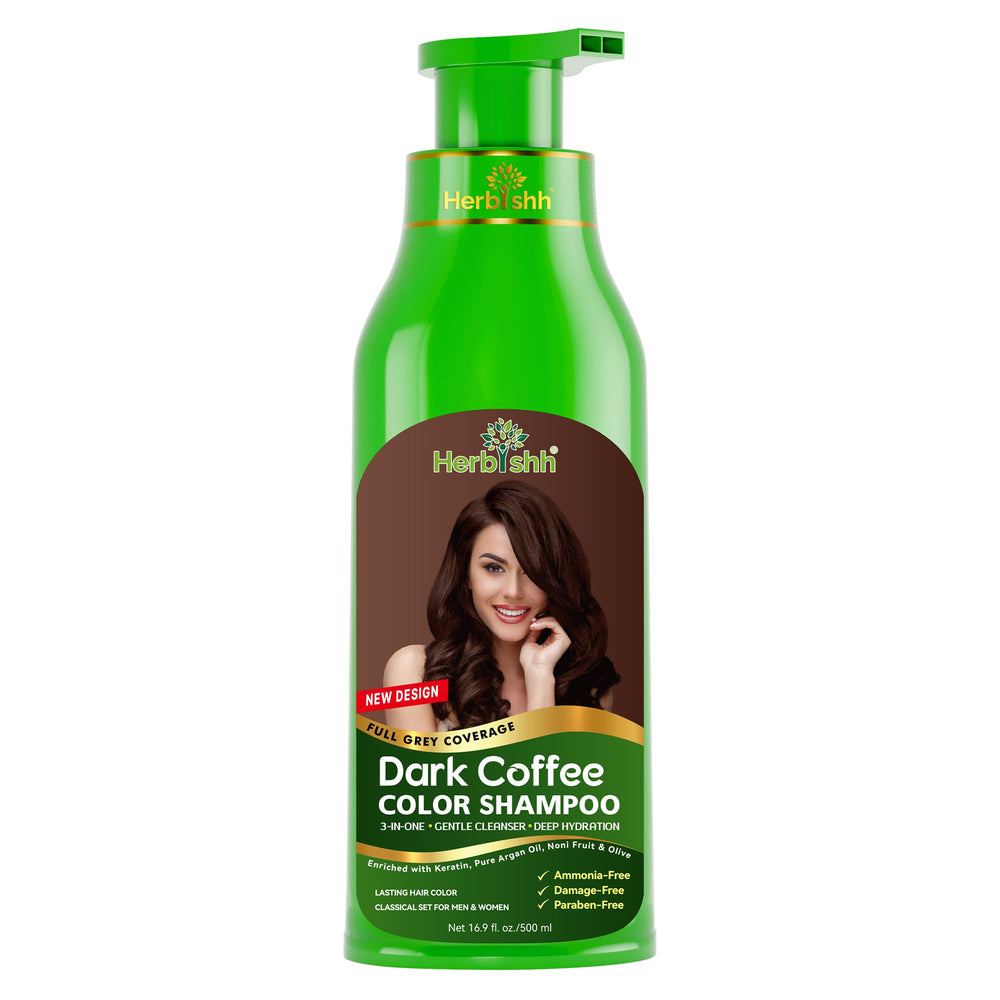 Herbishh hair color shampoo dark coffee bottle pour for quick gray coverage