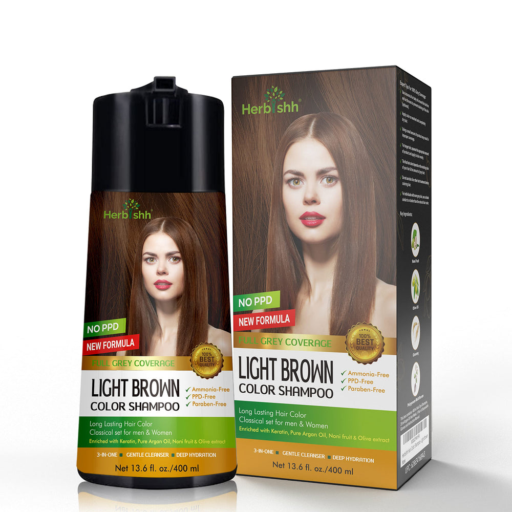 Herbishh packaging highlights color range and safe formula.