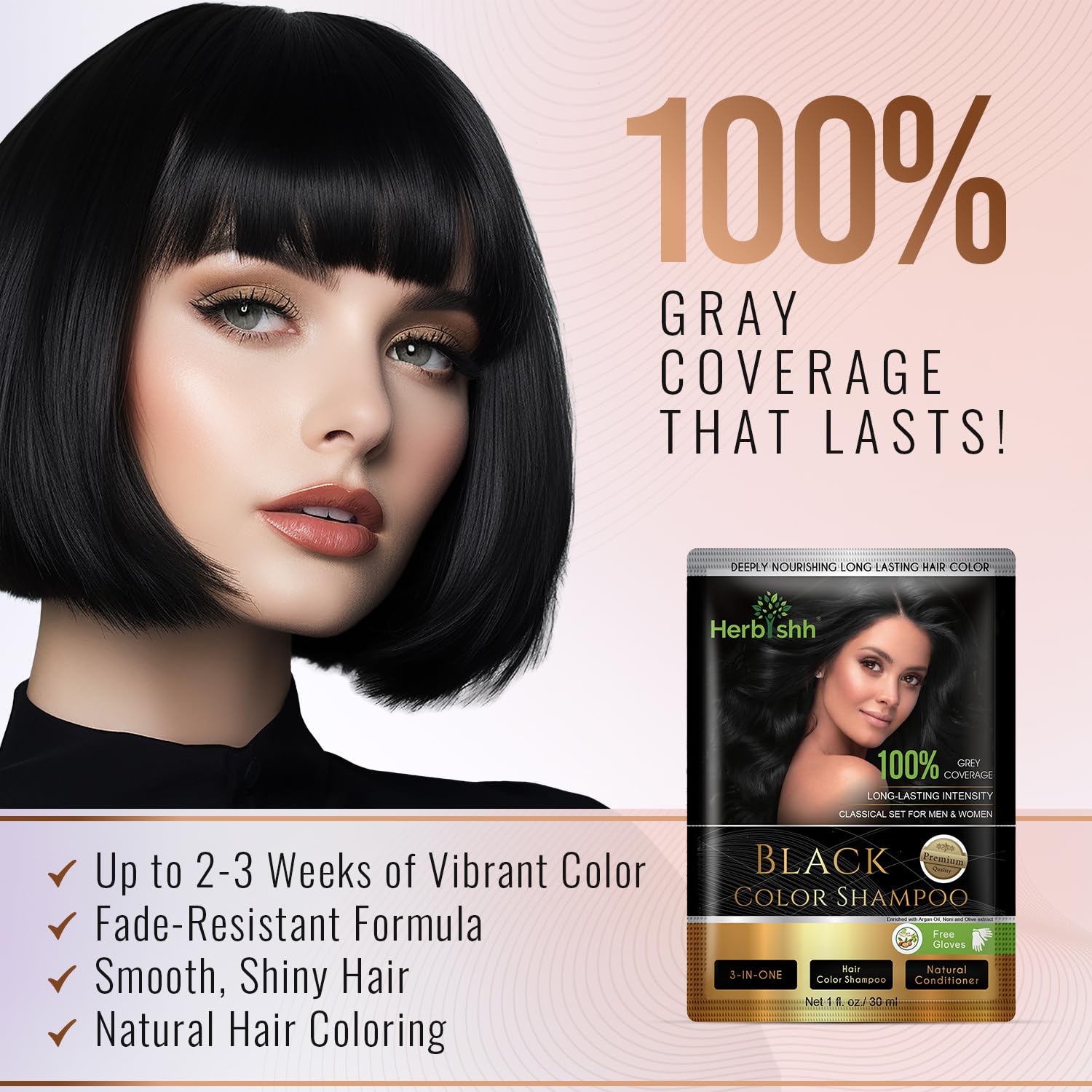 Travel-pack sachets enable on-the-go grey coverage with Herbishh color shampoo.