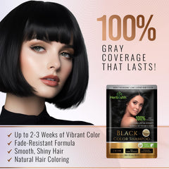 Travel-pack sachets enable on-the-go grey coverage with Herbishh color shampoo.