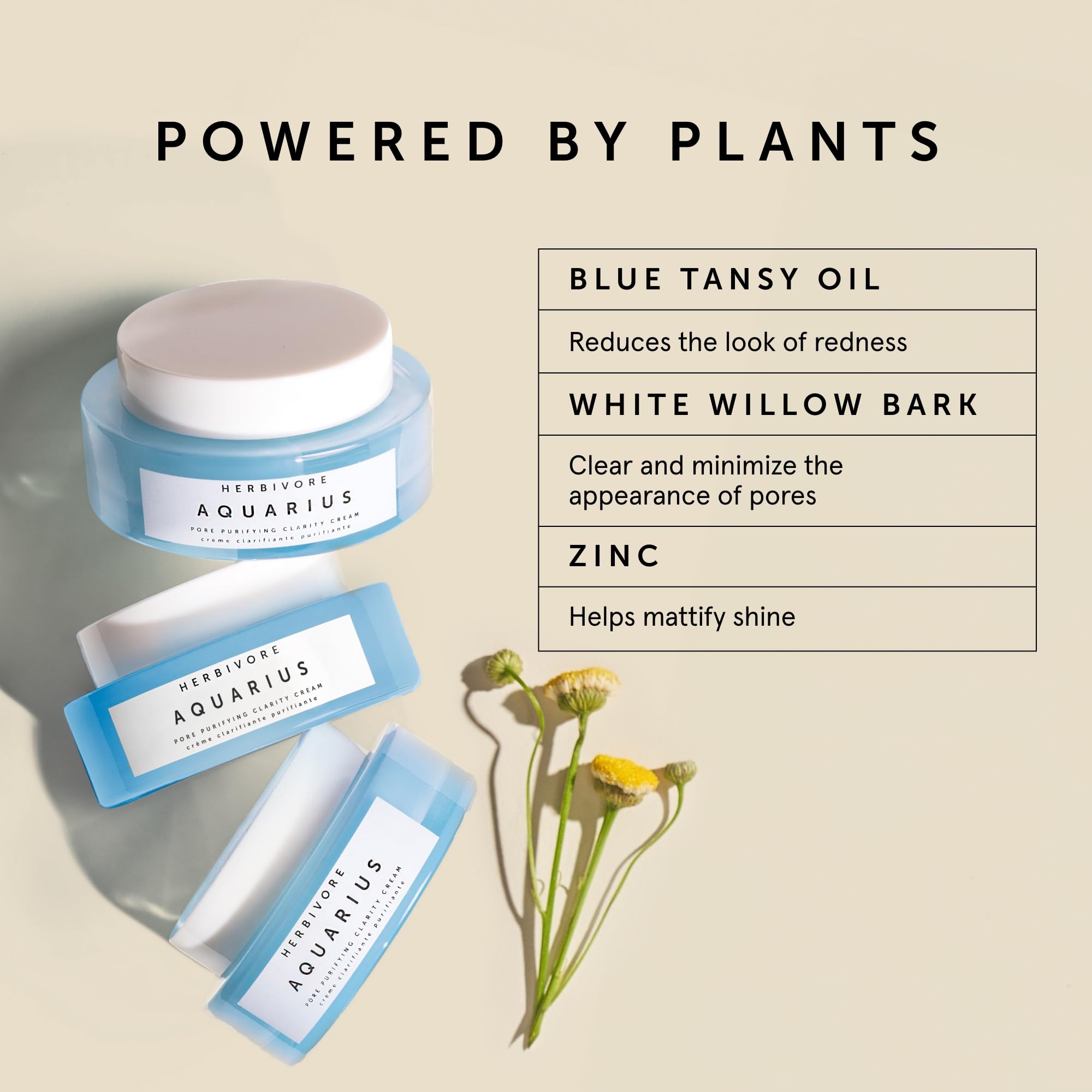 HERBIVORE Aquarius clarity cream willow bark BHA feature highlights natural exfoliation.