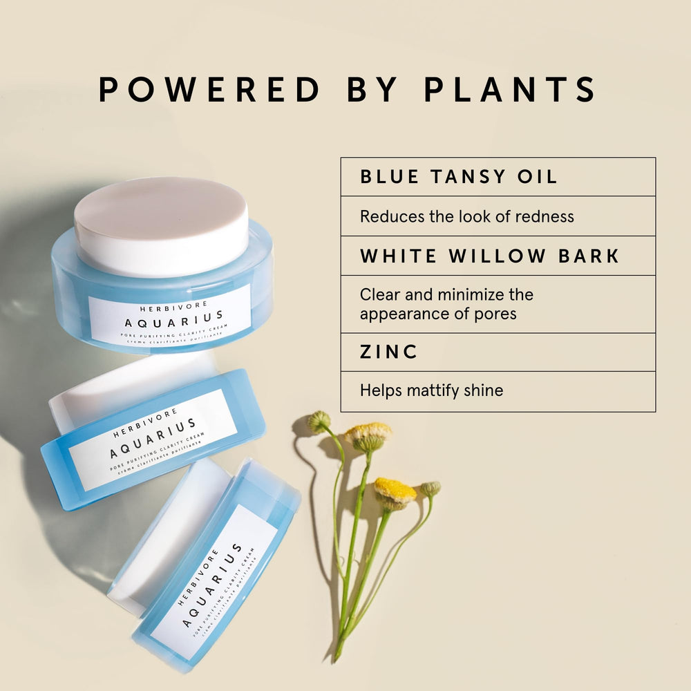 HERBIVORE Aquarius clarity cream willow bark BHA feature highlights natural exfoliation.