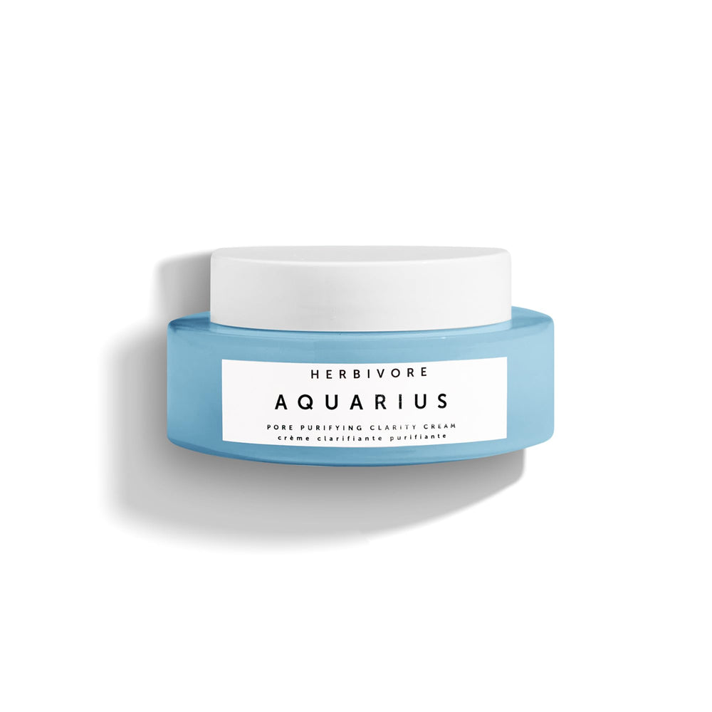 HERBIVORE Aquarius clarity cream bottle shows portable pore-purifying moisturizer for oily skin.