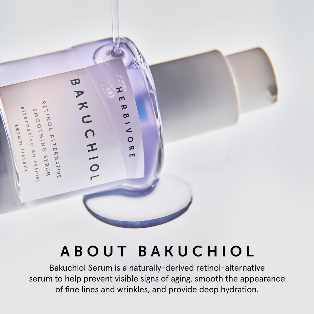 Herbivore Bakuchiol serum on fingertips during application for a dewy finish.