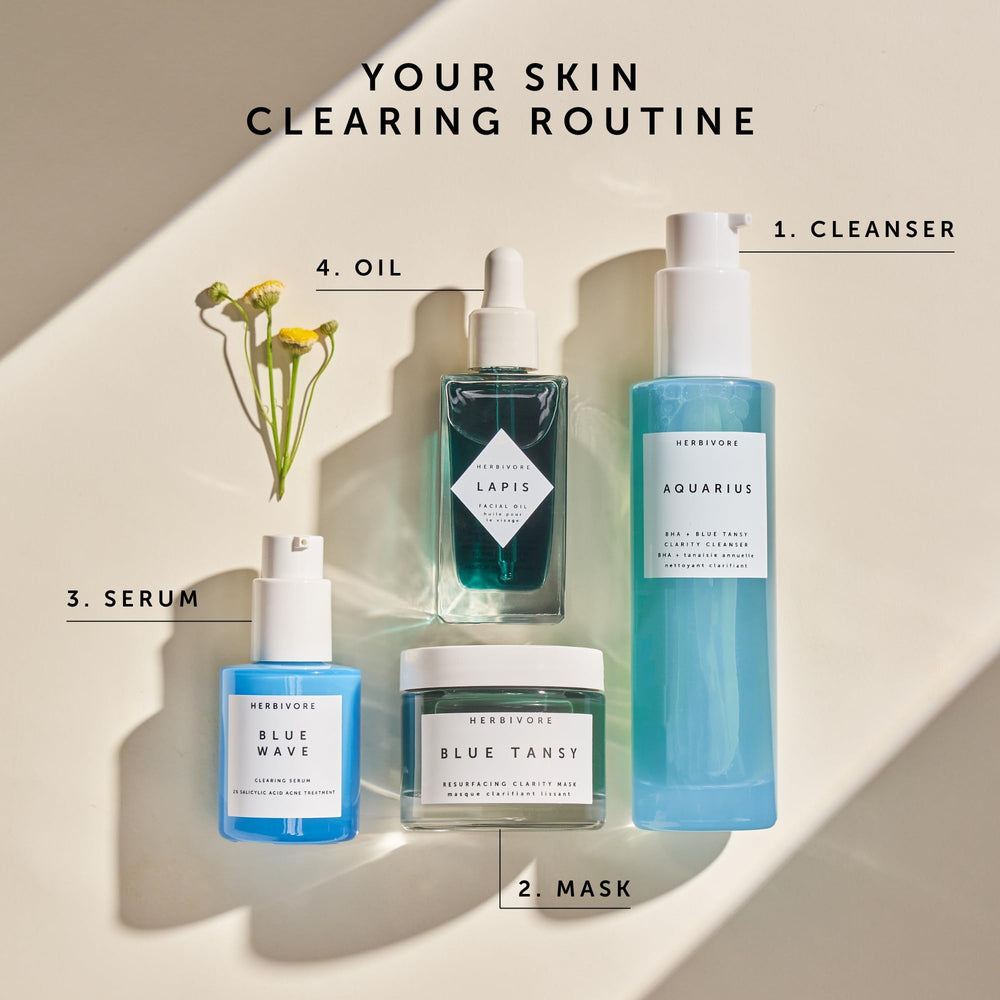 HERBIVORE Blue Tansy mask enzyme swatch demonstrates gentle enzymatic exfoliation.