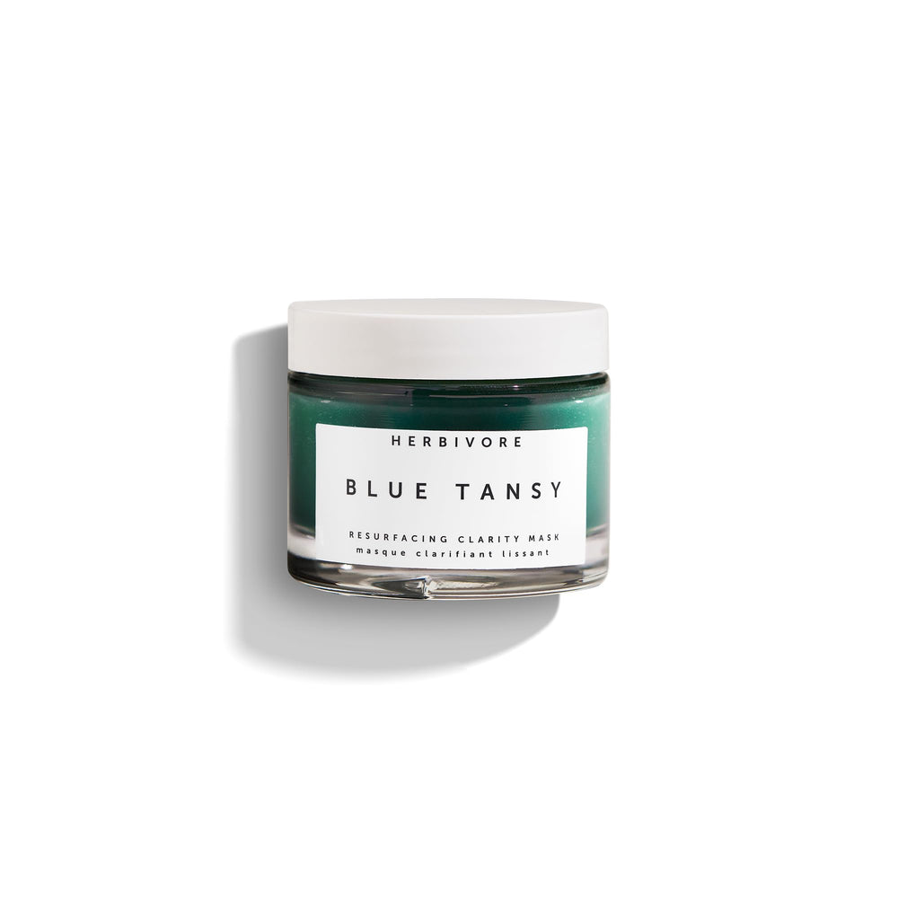 HERBIVORE Blue Tansy mask jar closeup shows creamy texture for clearer, calmer skin.