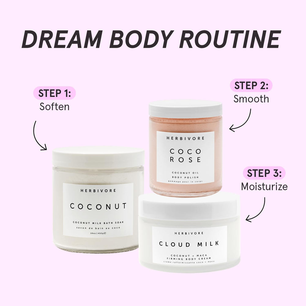HERBIVORE Cloud Milk Cream routine-use on bathroom shelf suggests daily moisture.