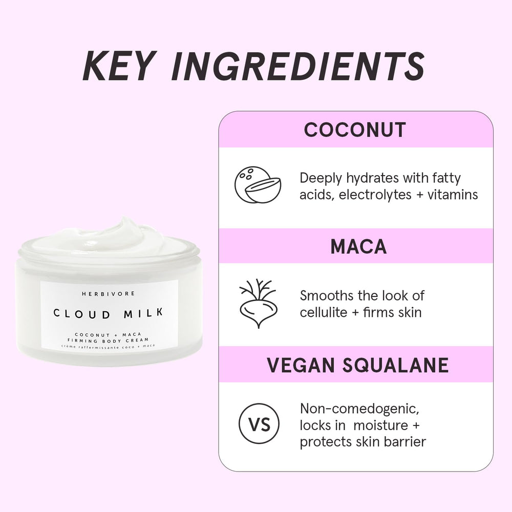 HERBIVORE Cloud Milk Cream texture swirl highlights silky, fast-absorbing formula.