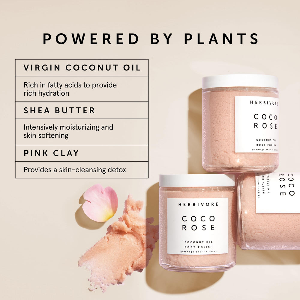 HERBIVORE Coco Rose scrub showcases shea butter richness for soft, hydrated skin