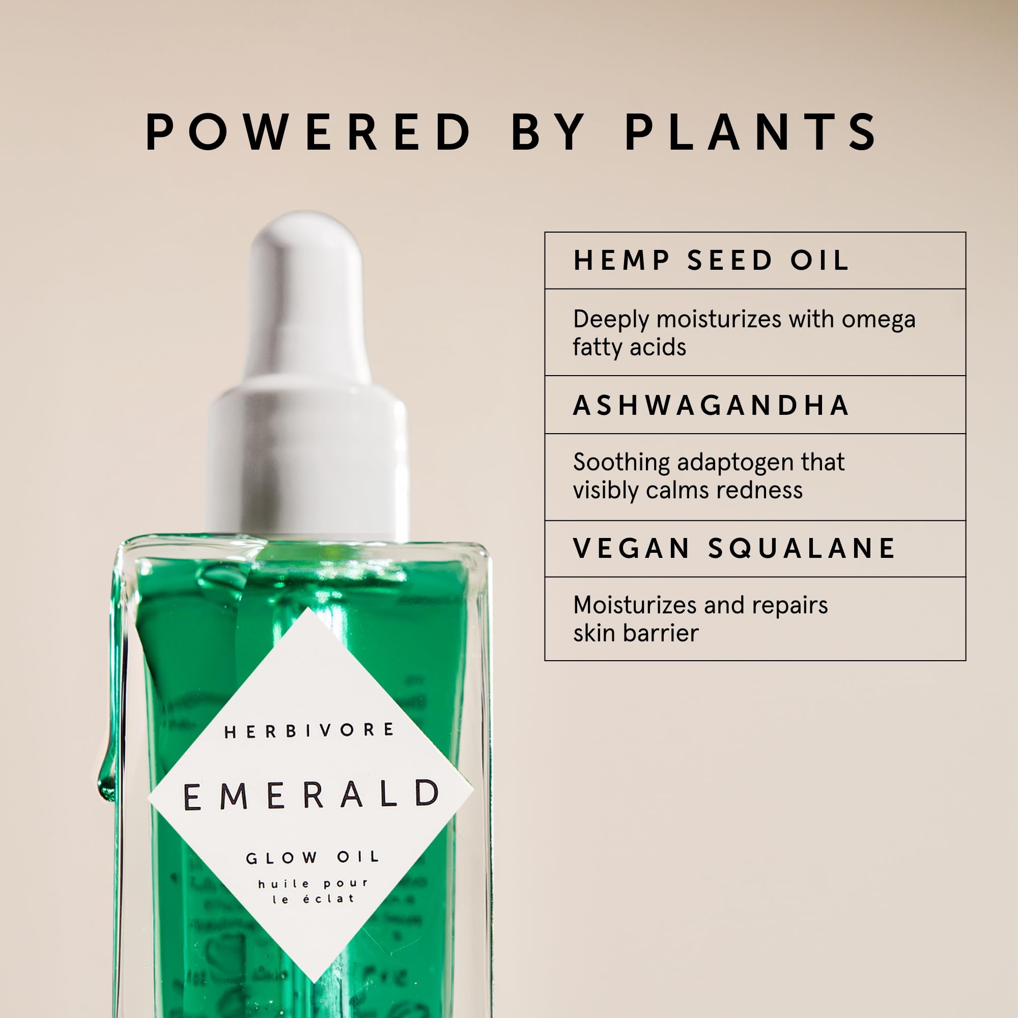 HERBIVORE Emerald Facial Oil dropper enabling precise, soothing application.