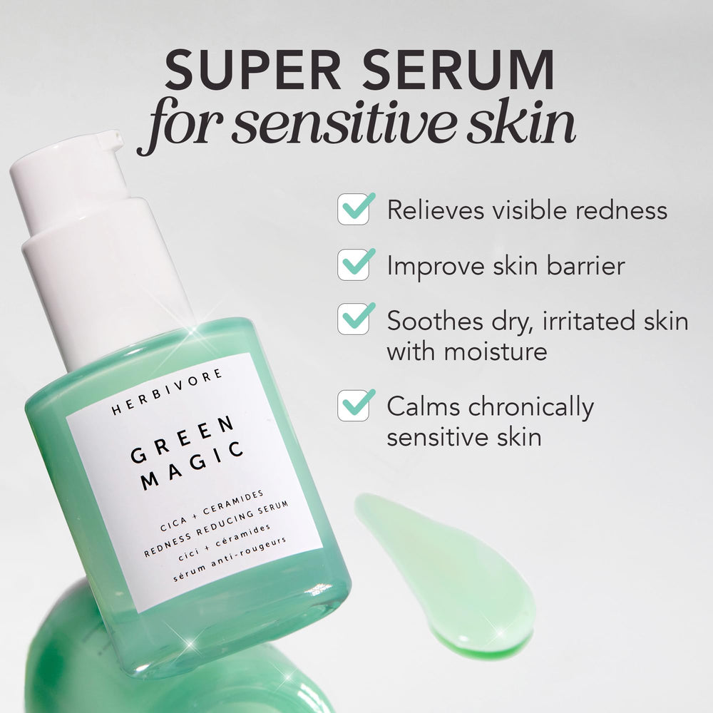 HERBIVORE Green Magic Serum ingredients graphic highlights cica and ceramides for calm skin.