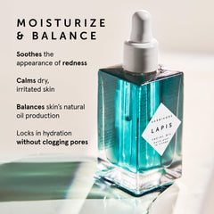 HERBIVORE Lapis Oil label closeup highlights Azulene rich calming properties.