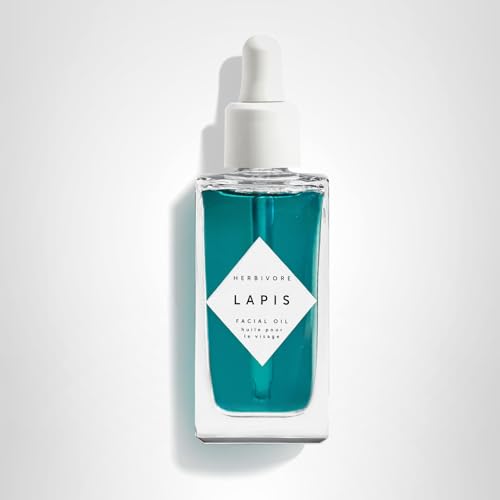 HERBIVORE Lapis Oil natural ingredients montage suggests non-comedogenic hydration for acne-prone skin.
