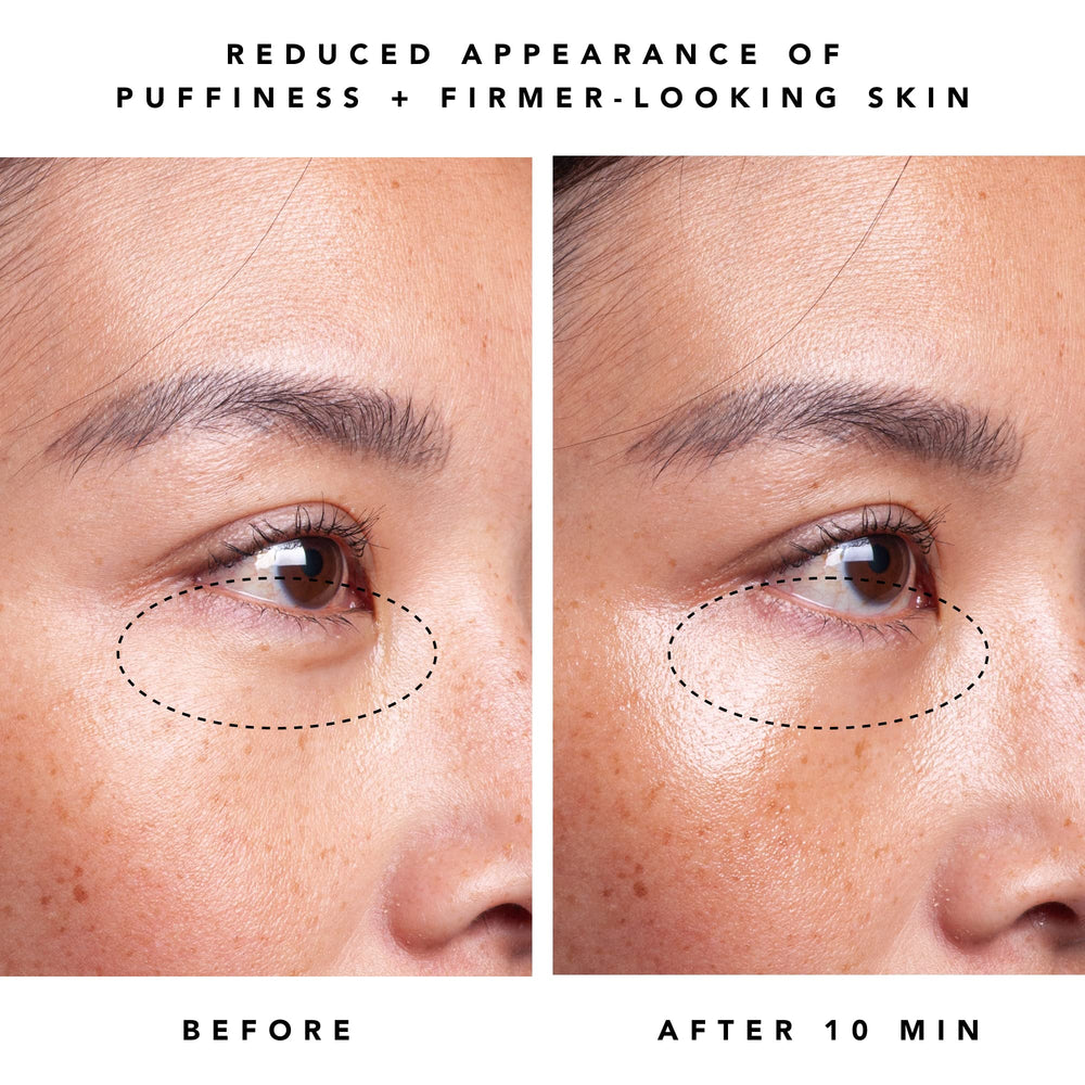 Herbivore Moon Dew silky texture shown during eye-area application for smooth coverage.