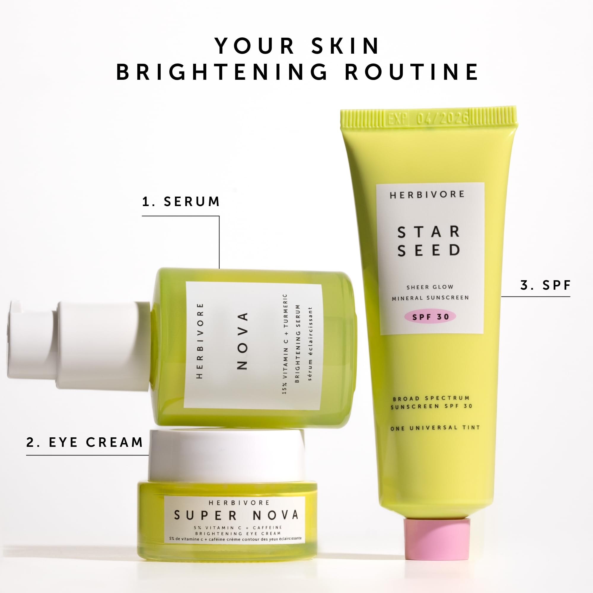 HERBIVORE Nova serum on glass bottle reflecting radiant glow and luminous complexion