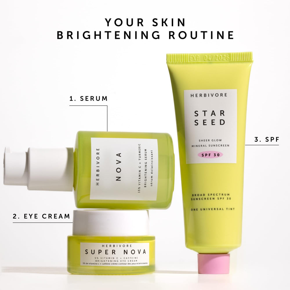 HERBIVORE Nova serum on glass bottle reflecting radiant glow and luminous complexion