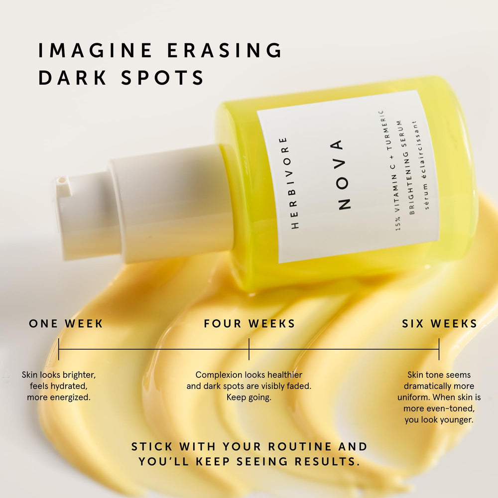 HERBIVORE Nova serum packaging box emphasizing vegan cruelty-free formula and sustainability
