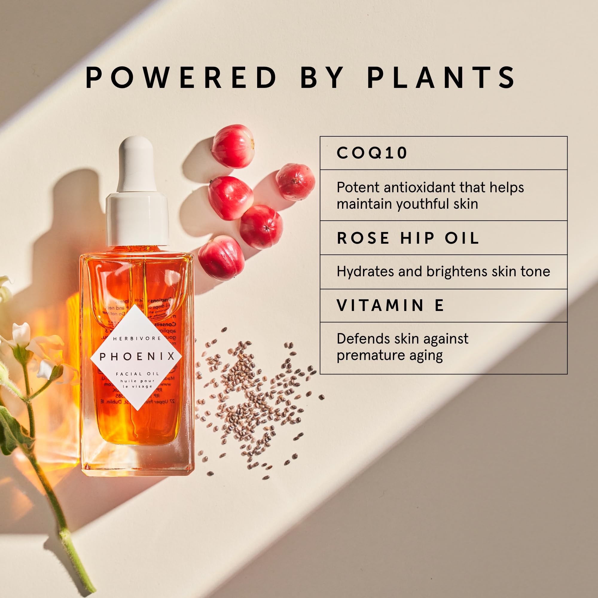 HERBIVORE Phoenix Facial Oil rosehip ingredient highlight, signaling revitalizing, healthy-looking skin support.