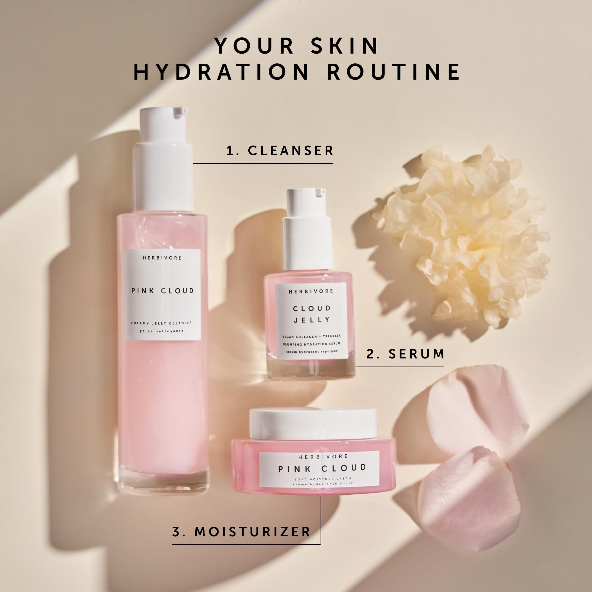 HERBIVORE Pink Cloud rosewater note enhances gentle soothing cleanse