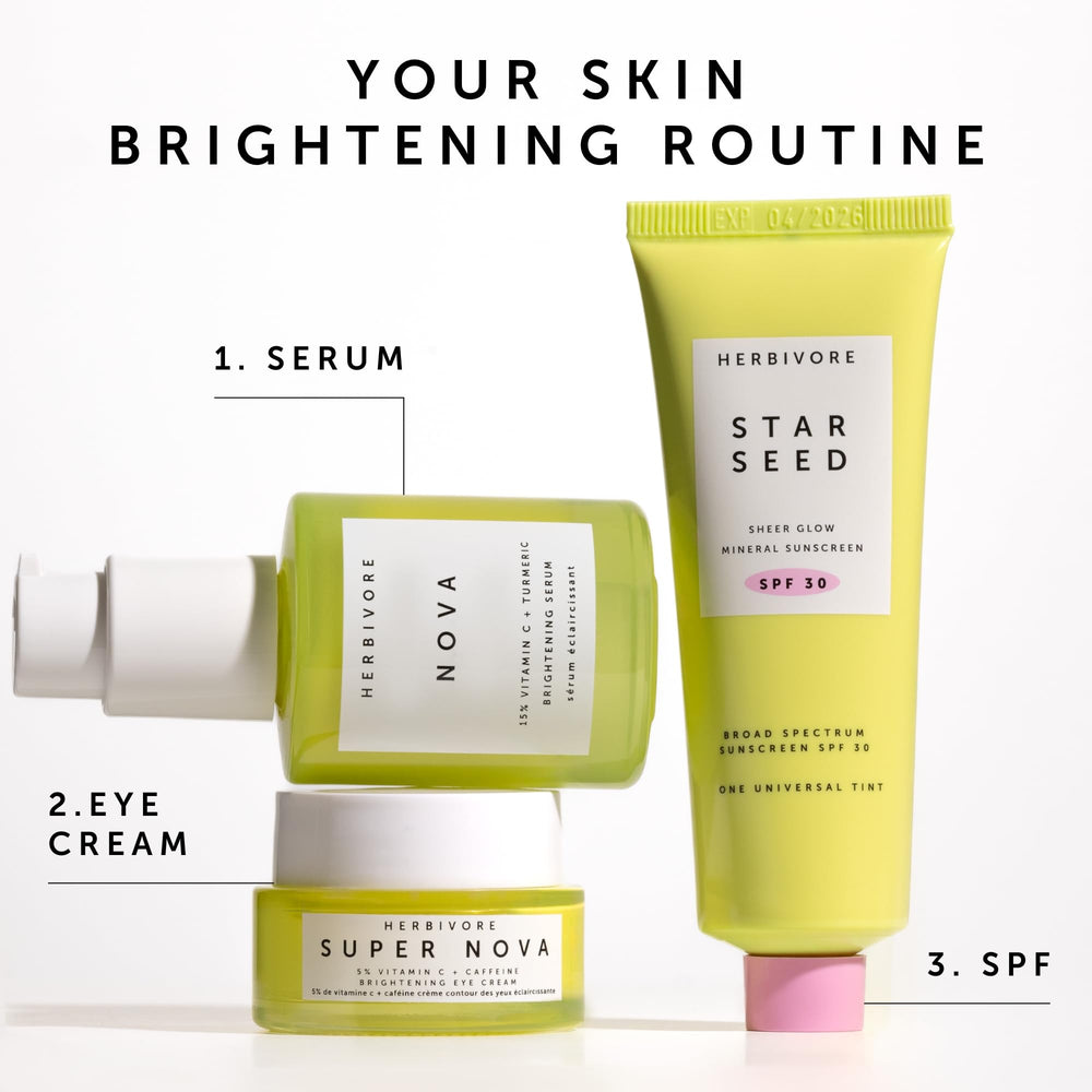 HERBIVORE Super Nova eye cream on nightstand as part of daily routine