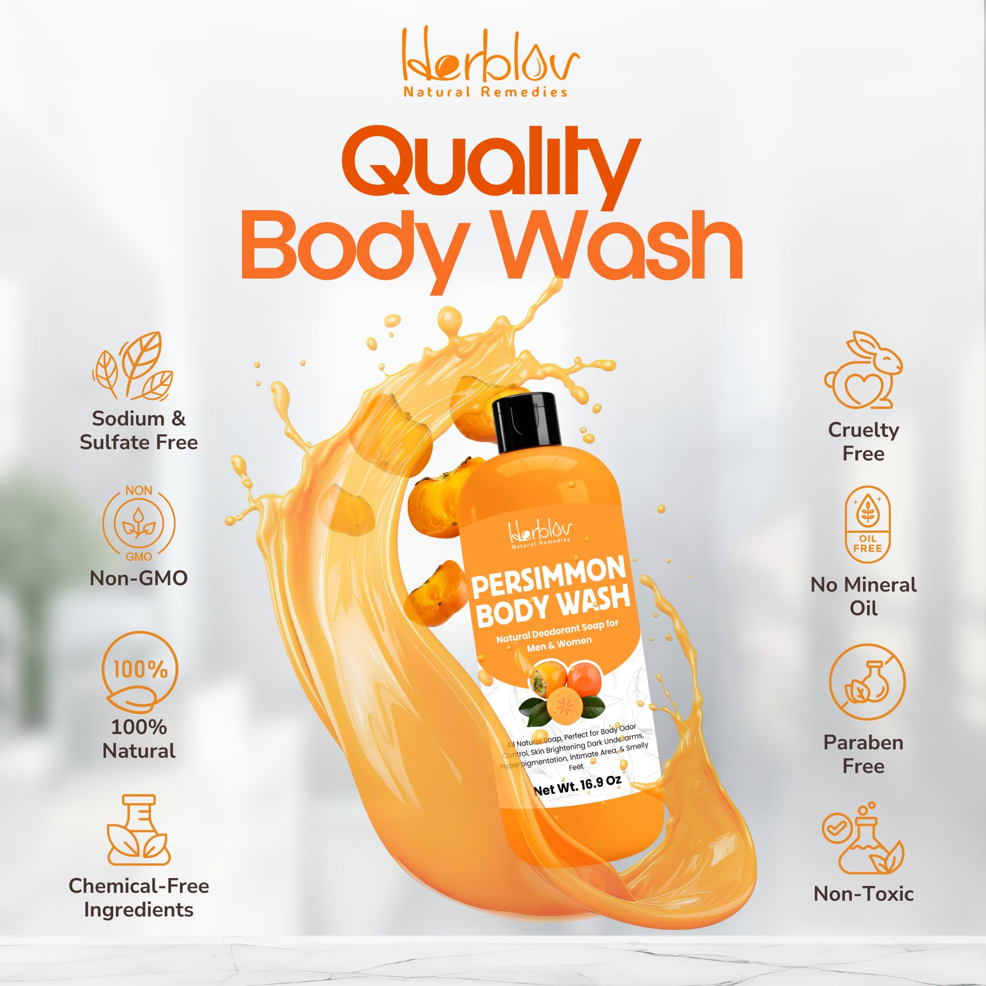 Herblov Persimmon Body Wash feet care scene emphasizes refreshing non-drying formula.