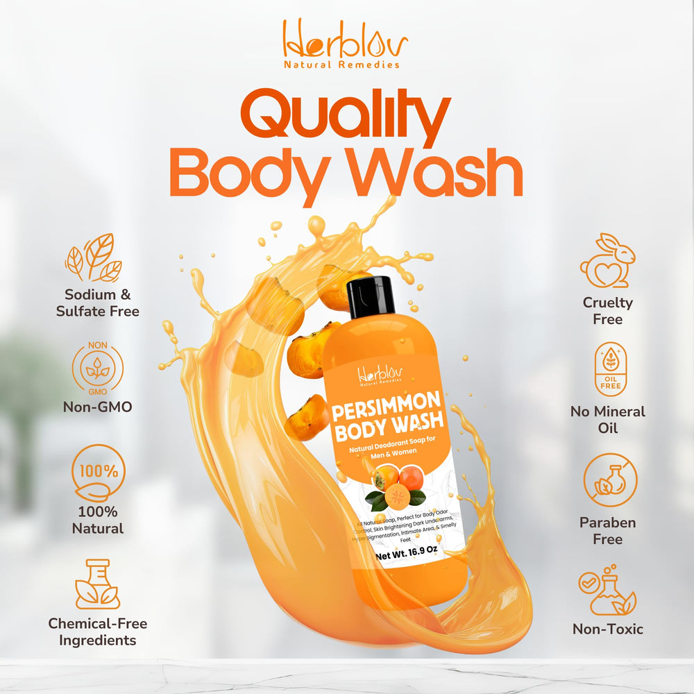 Herblov Persimmon Body Wash feet care scene emphasizes refreshing non-drying formula.