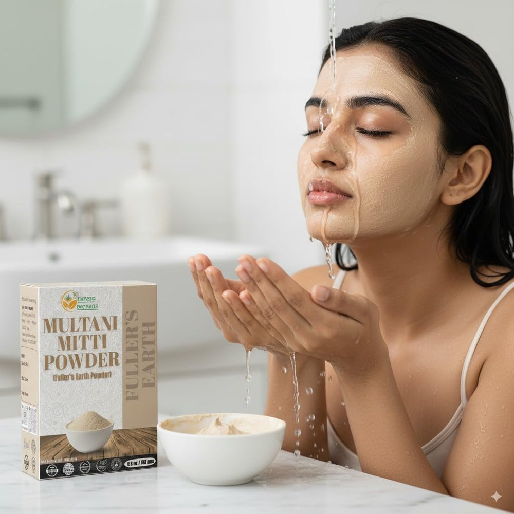 Herbs Botanica Multani Mitti application on skin for traditional clay masking.
