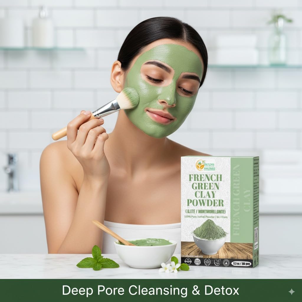 Herbs Botanica French Green Clay Powder close-up texture showing mineral-rich green clay