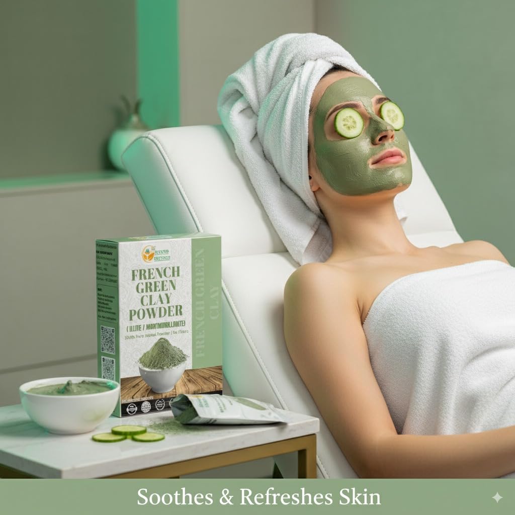 Herbs Botanica French Green Clay Powder exfoliating mask bowl illustrating gentle exfoliation