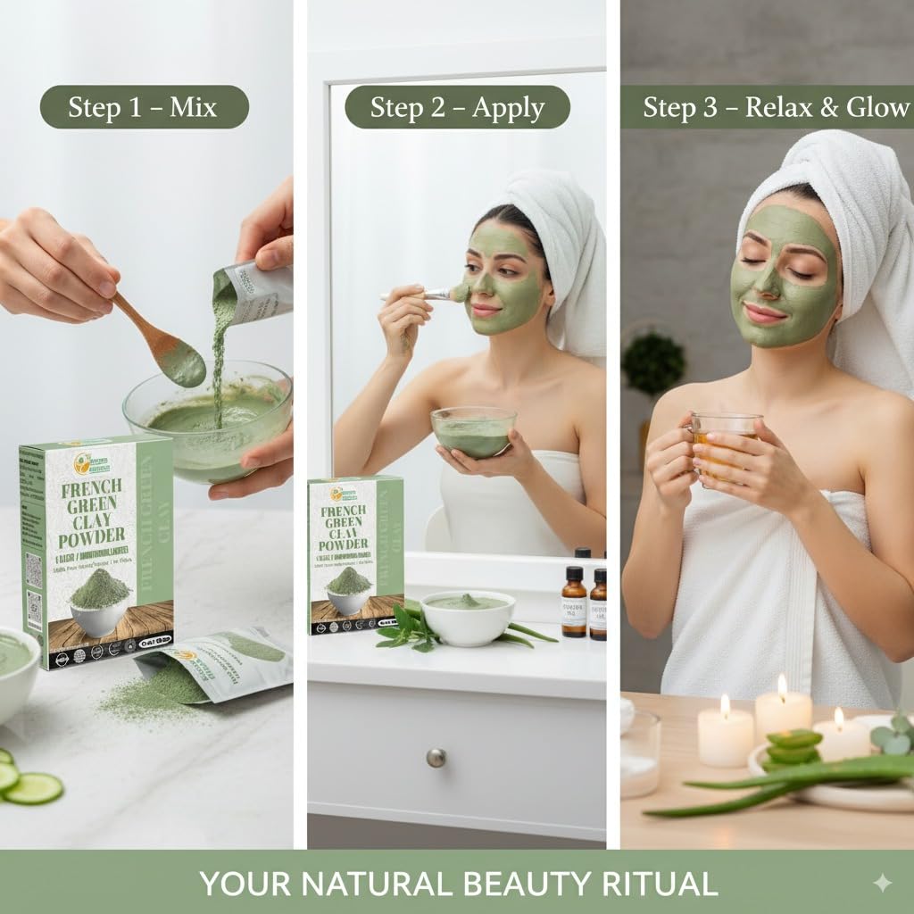 Herbs Botanica French Green Clay Powder hair treatment bowl suggesting scalp care benefits
