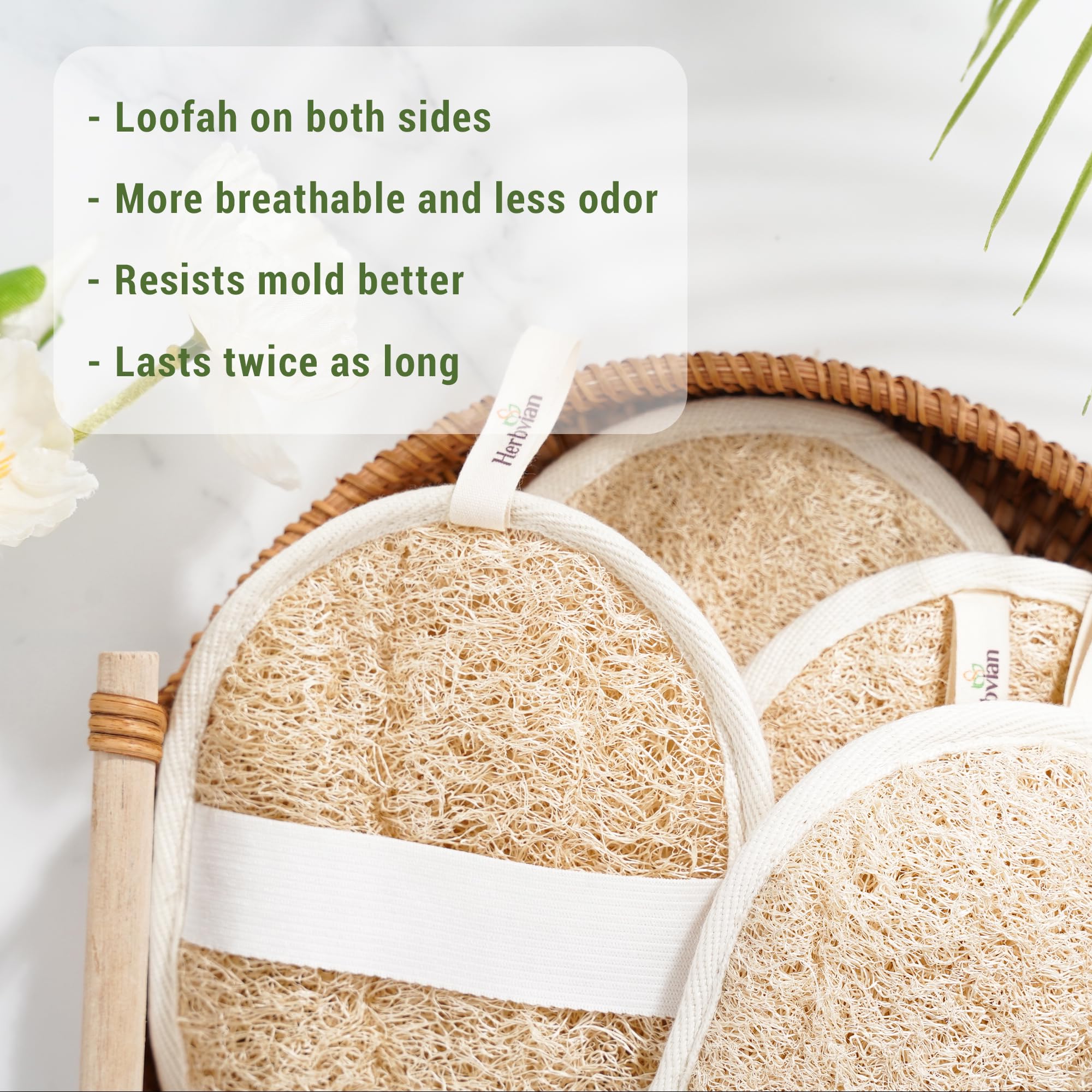 Herbvian loofah pad wet expansion to two-inch thickness for comfortable scrubbing