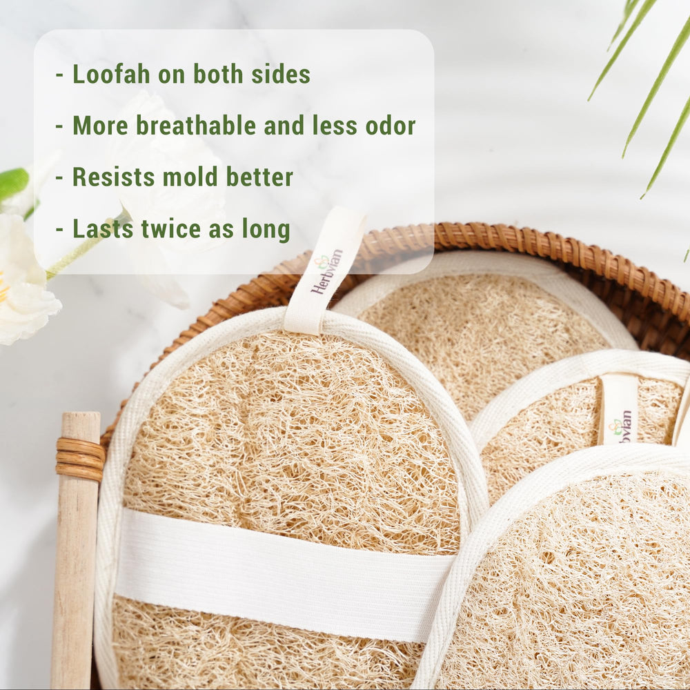 Herbvian loofah pad wet expansion to two-inch thickness for comfortable scrubbing